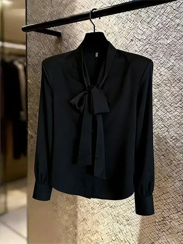 Elegant Black V-neck Belted Shirt Women's Fashion Commute Style Spring Summer New Arrival Chic Top Korean Light Maturity Trend