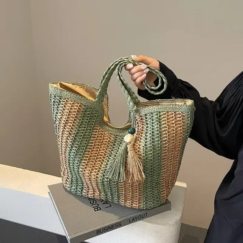 Striped woven straw tote bag for women large capacity beach vacation handbag seaside summer accessory