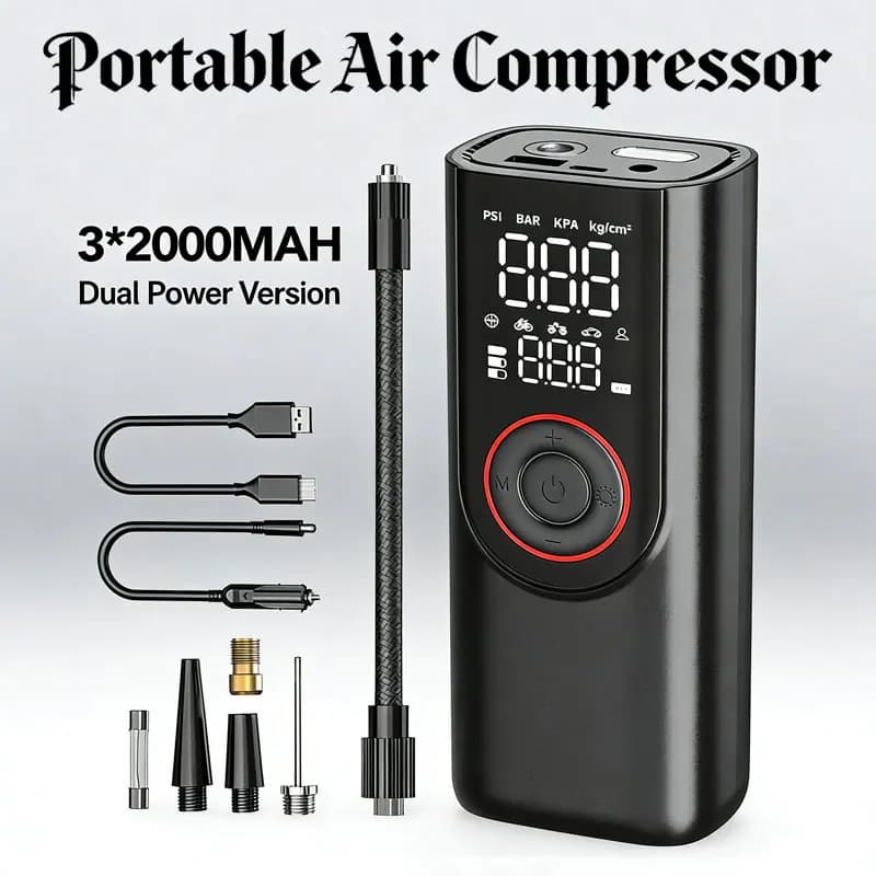 Compressore d'aria portatile per pneumatici auto con luci LED, power bank, per moto, biciclette, palloni, gonfiatore digitale con display