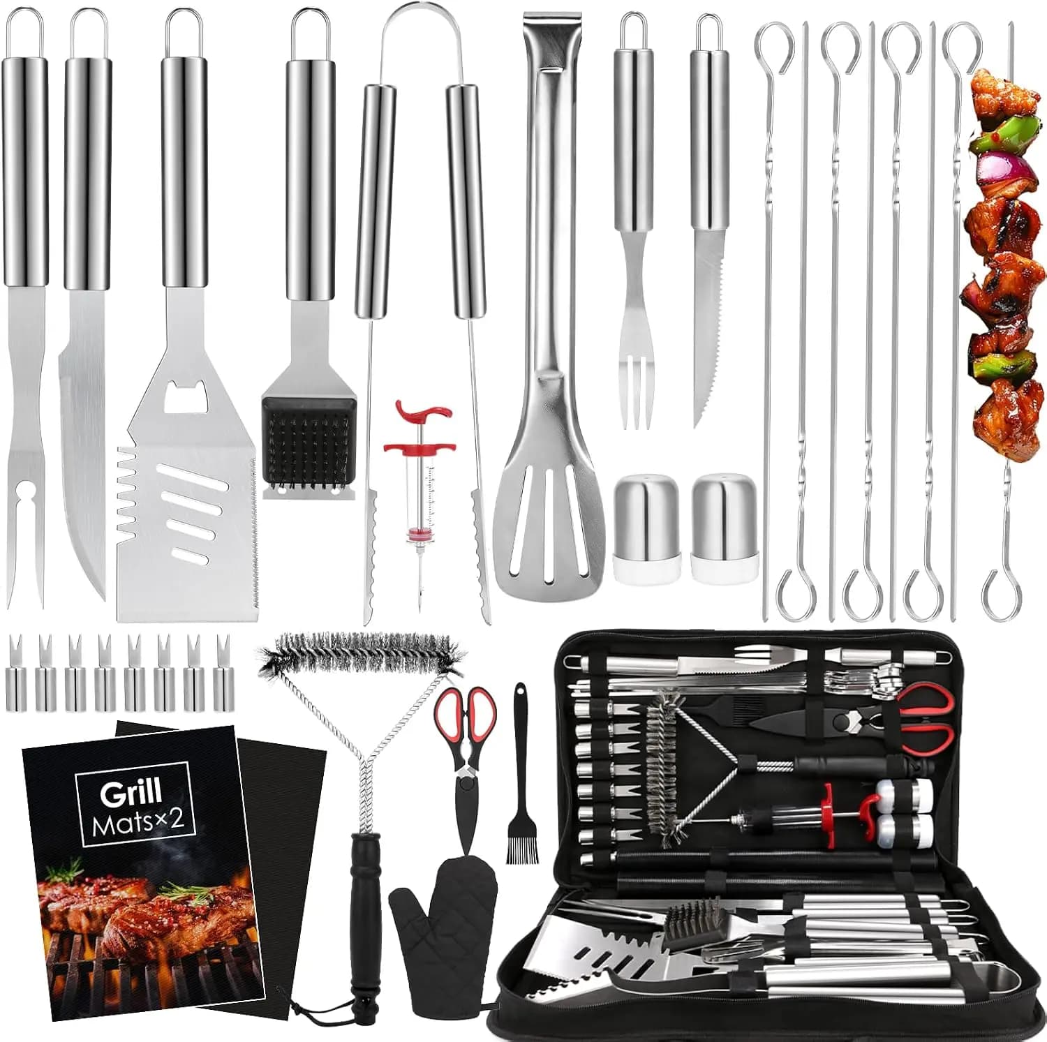34Pcs BBQ Grilling Tools Set, Stainless Steel Outdoor Camping Kit with Glove & Mats, Portable Carrying Bag, Silver