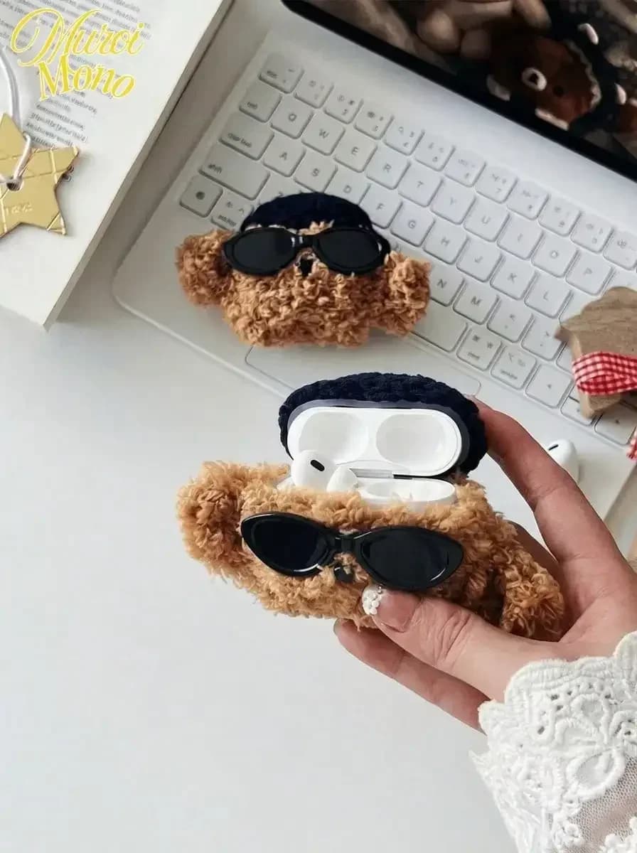 Custodia per telefono simpatica 1 pz, nuova custodia creativa per auricolari a forma di orsetto Teddy, con cappello blu scuro, cane marrone e occhiali da sole, compatibile con Apple