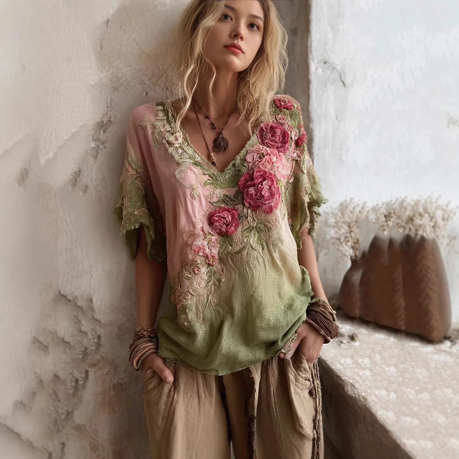 Camicetta da Donna Vintage con Stampa Floreale, Collo a V Profondo, Maniche a Pipistrello, Bordo in Pizzo, Top Casual Ampio, Pullover Estivo 2026 per Vacanze
