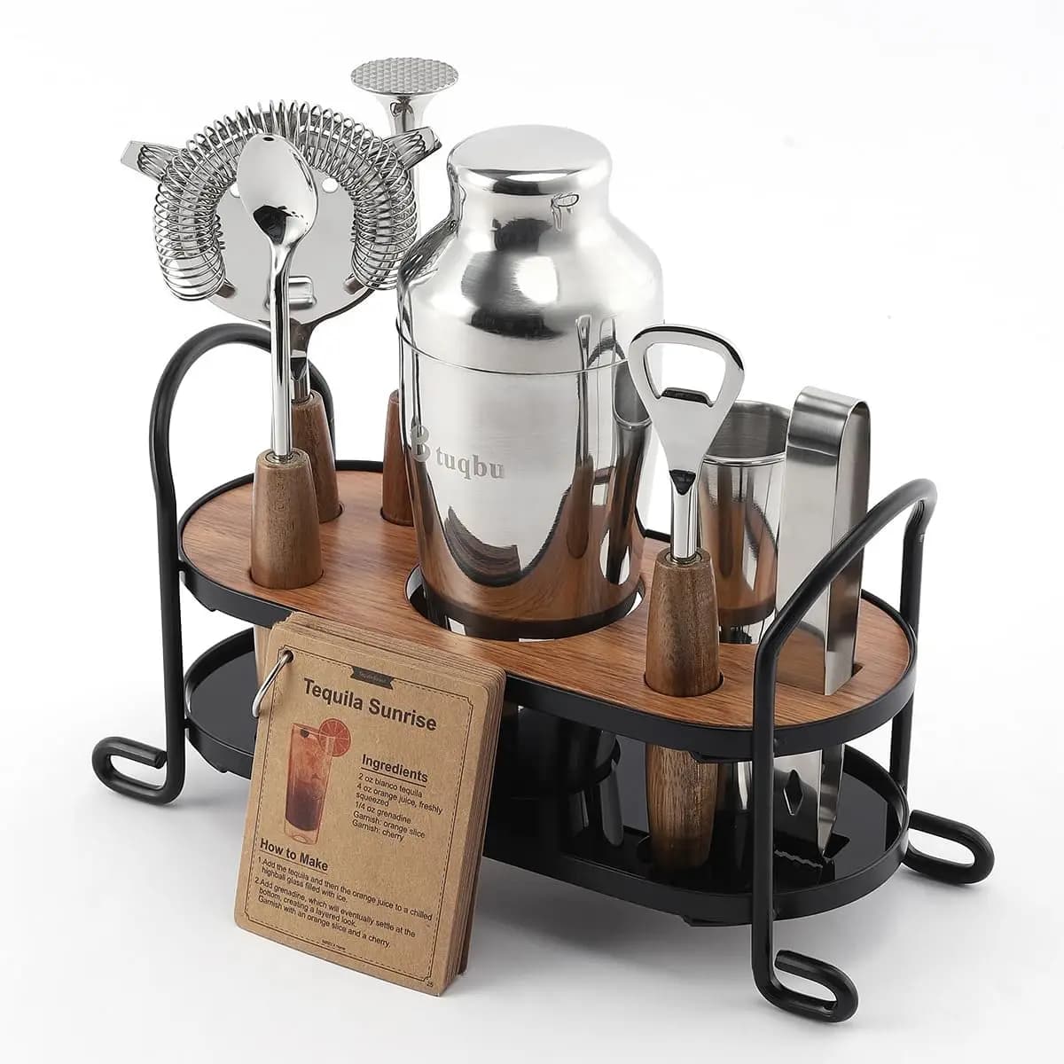 Set Shaker per Cocktail con Supporto, Kit da Barman per Miscelare Bevande, 7 Utensili da Bar Antiruggine
