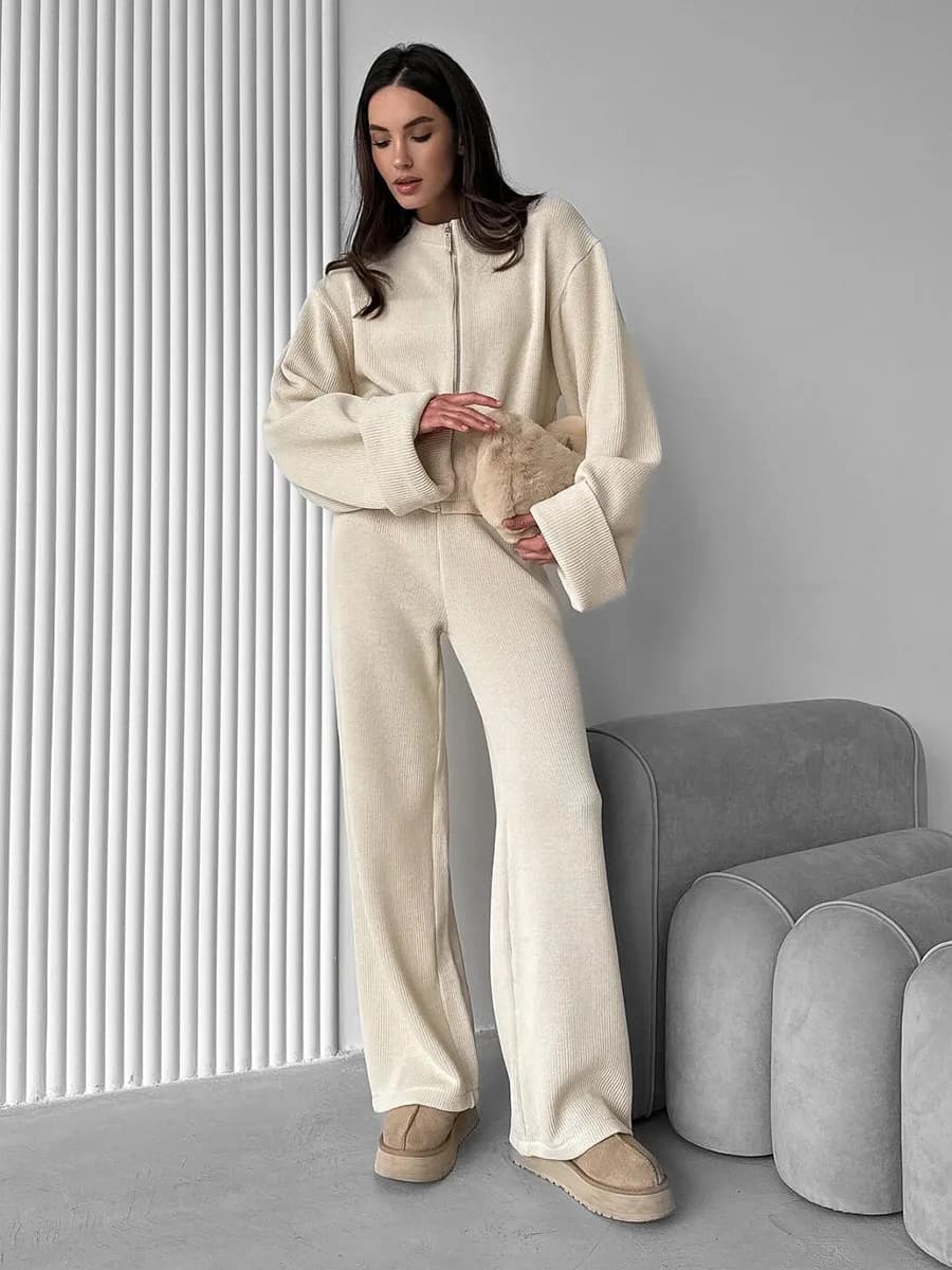 Bornladies New Women's Zip Up Jacket Wide Leg Pants Set Soft Knit Loose Long Sleeve Autumn Winter Casual Knitted Sweater Set
