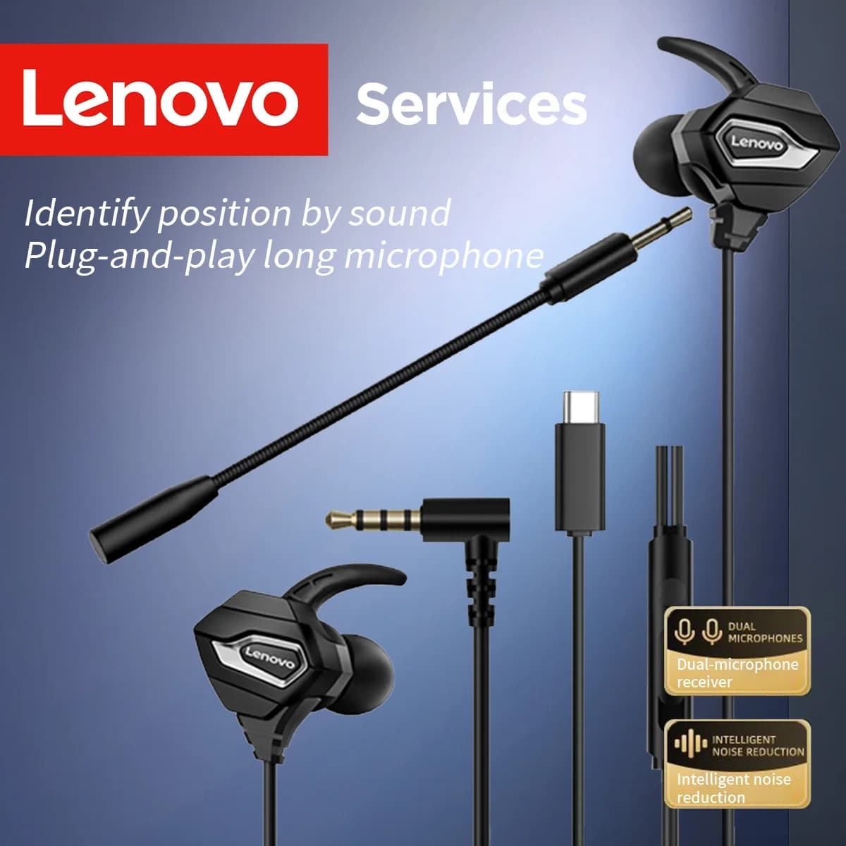 Cuffie da gioco in-ear Lenovo a bassa latenza con cancellazione del rumore ANC e microfono, cablate Type-C/3.5mm per PC, tablet e giocatori