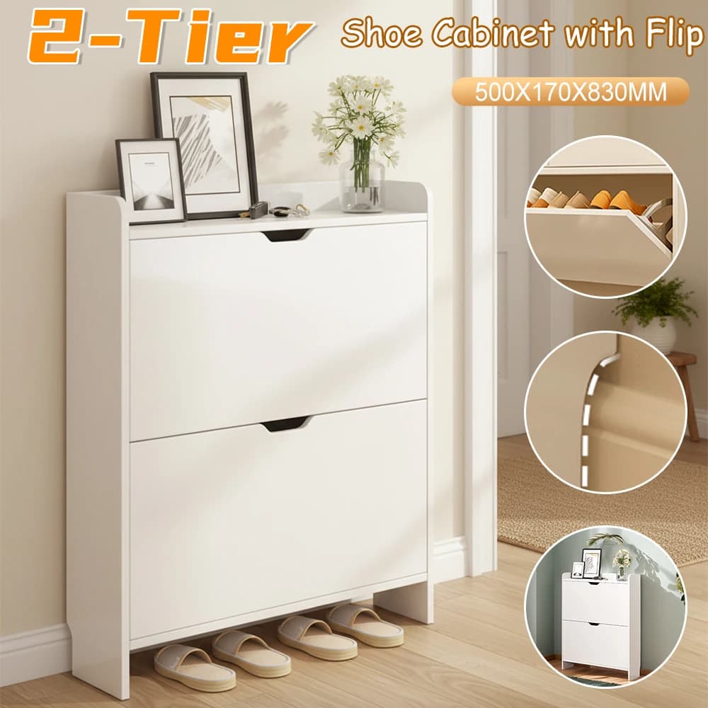 2-level wooden shoe organizer cabinet, self-supporting folding drawer, thin scarve, space saving, home furniture, hallway, living room