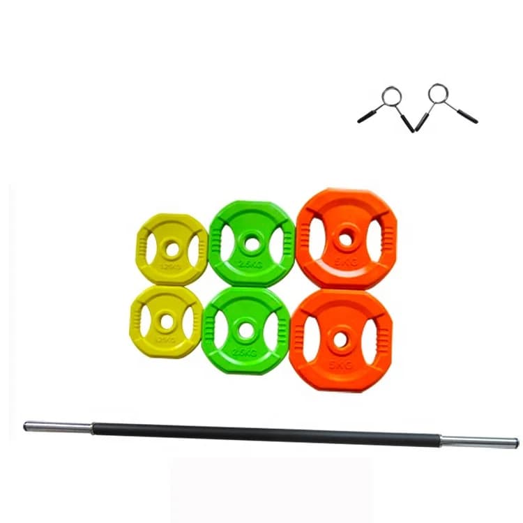 PU rubber coated weight plates for professional interiors 17,5 kg 20 kg Bar set with adjustable coloured barbells