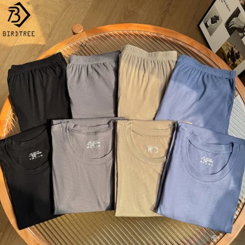 Birdtree 94% Fibra di Cellulosa 6% Spandex Manica Corta Pantaloncini Vestito, Pigiama Solido da Uomo Casa Per Il Tempo Libero Casual Basic Homewear P57823JF