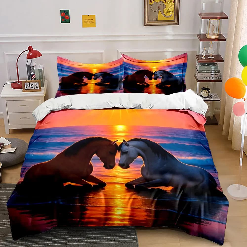 Set di biancheria da letto con decorazioni romantiche a tema cavallo e tramonto, con 1 copripiumino e 2 federe, singolo, matrimoniale, king, queen, idea regalo