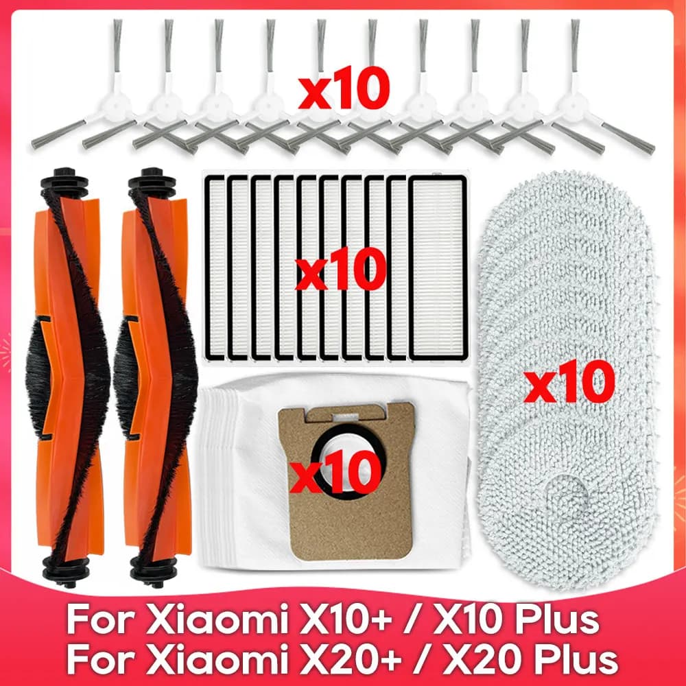Compatibile con ( Xiaomi X10+ / X20+ / X20 Plus / BHR8124EU ) - Accessori e Parti: Spazzola Laterale Principale, Straccio per Mop, Sacchetto per la Polvere, Filtro, Kit per Aspirapolvere Robot