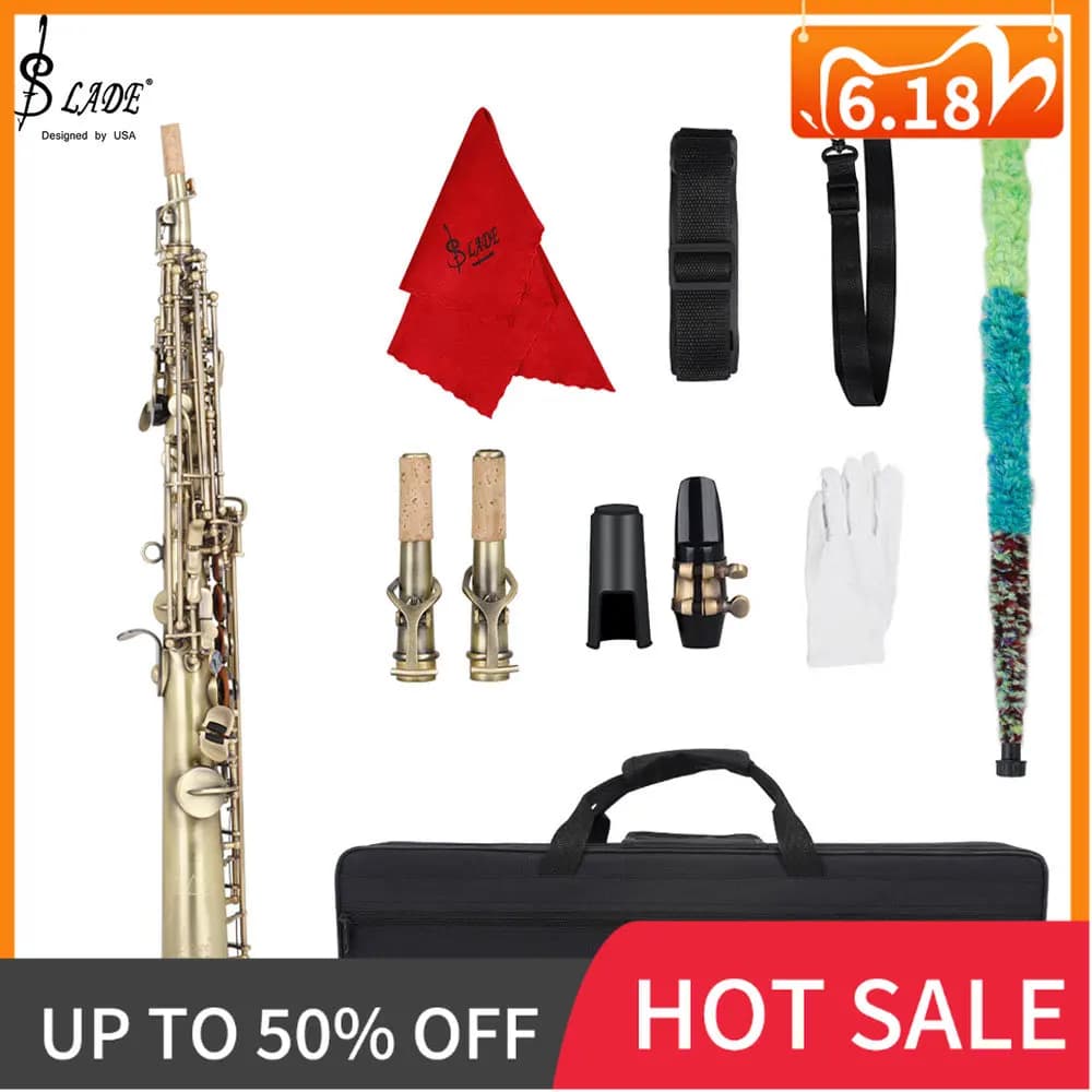 Cyan Bronze Straight Bb Soprano Saxophone Lacquered Gold Carve Pattern Woodwind Instrument with Case Reed Cleaning Brush Cloth