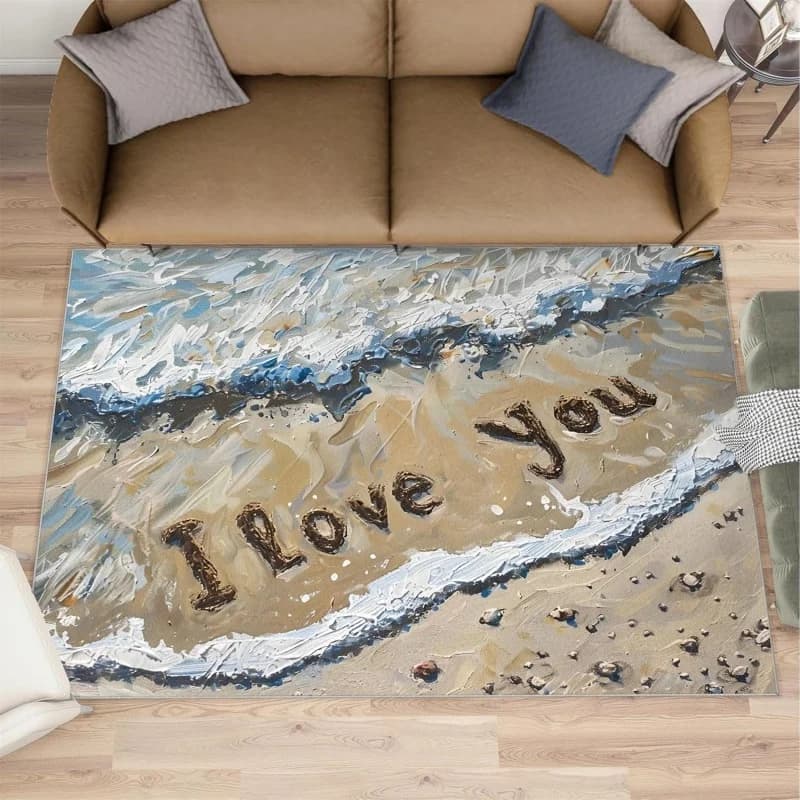 Romantic "I Love You" Beach Area Rug Oil Painting Style Seashore Waves Print Carpet Non-Slip Indoor Floor Mat for Living Room