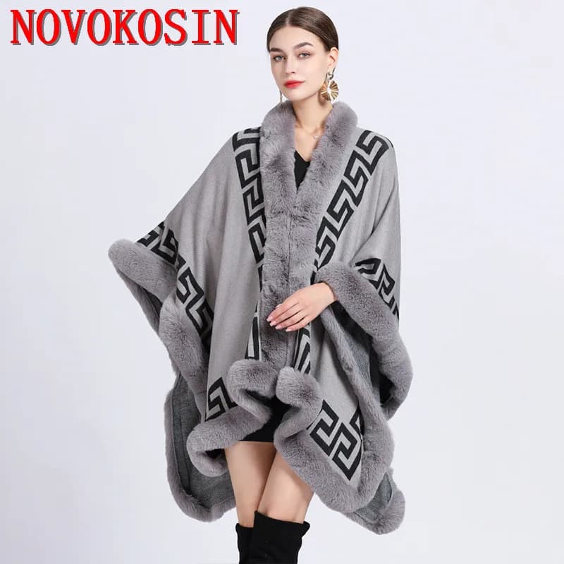 5 colori inverno caldo lungo stampato poncho a righe mantello cashmere scialle allentato mantello donna collo in pelliccia di coniglio finto cappotto grande pendolo