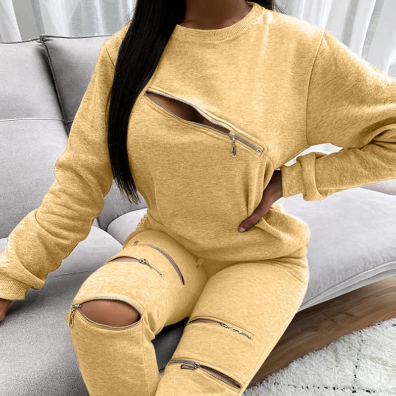 BKLD autunno Trendy Casual donna tinta unita cerniera Patchwork 2 pezzi tuta Streetwear O collo manica lunga felpa + pantaloni pieni