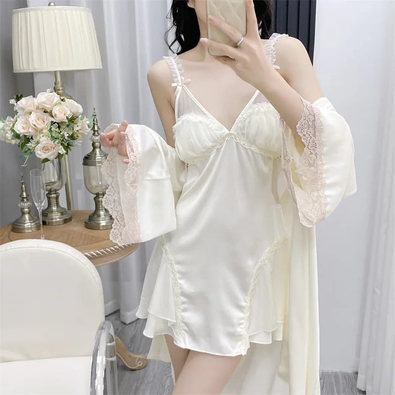 Luxury Princess Night Dress Set Women's Spring Summer Homewear Satin Night Dress with Sexy Lace Finishes Nightwear
