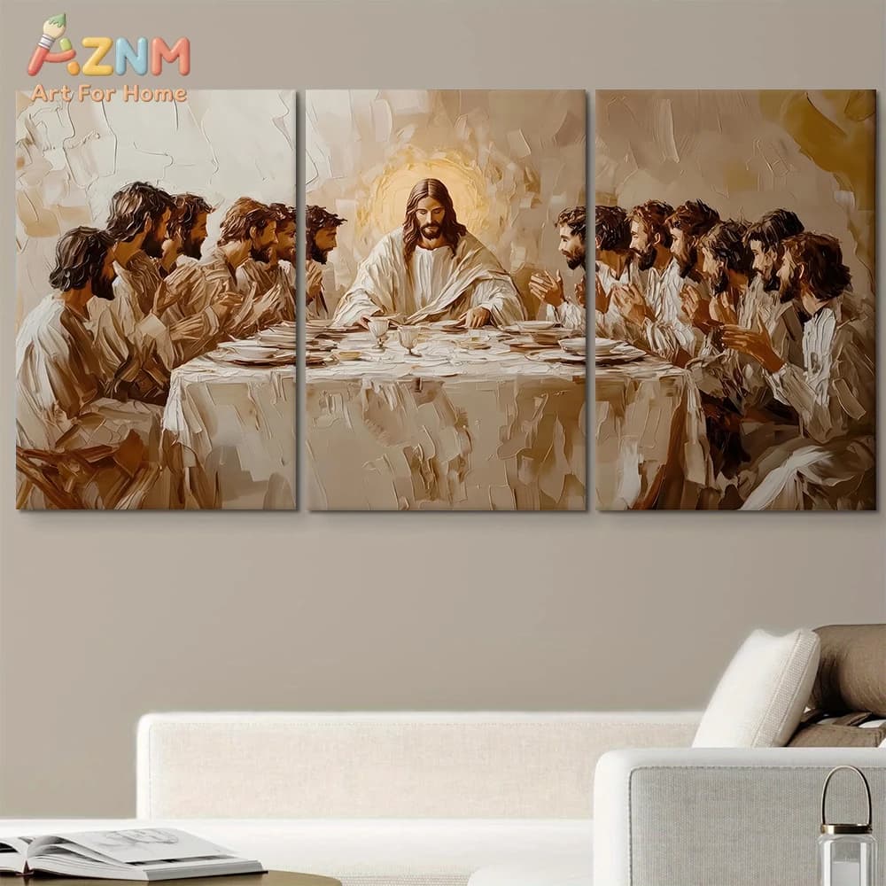 3PCS The Last Supper Abstract Oil Painting Style Canvas Wall Art Prints Set, Jesus and Disciples Religious Christian Artwork Pos