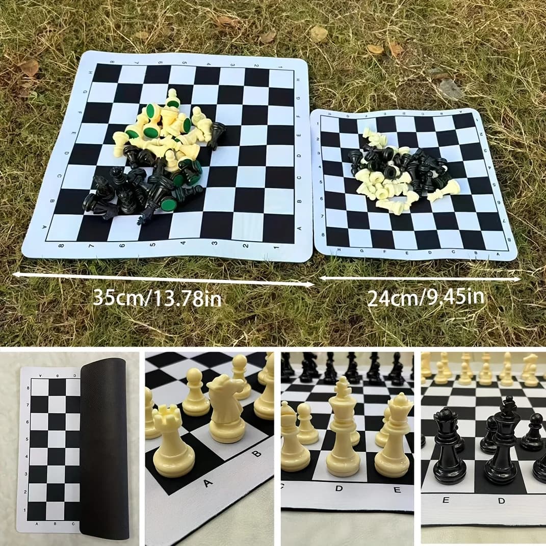 13.78inch & 9.45inch Black and White 3D Chess Set, Includes Black and White Rubber Chessboard, 16pcs Each, Two Sizes
