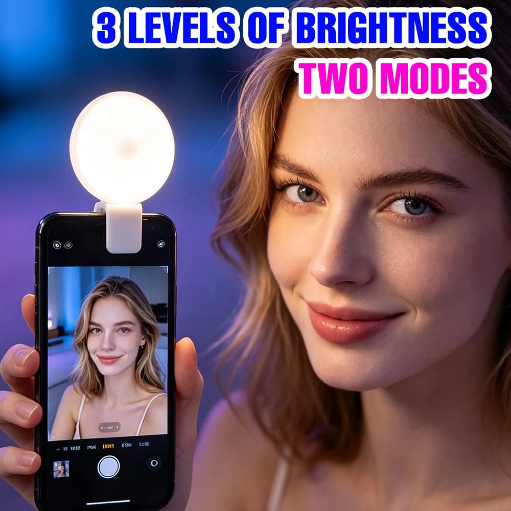 Clip On Selfie Fill Light Rechargeable Mini Phone Beauty Lamp 2 Modes 3 Brightness For Smartphone Makeup Live Vlog Self Shooting