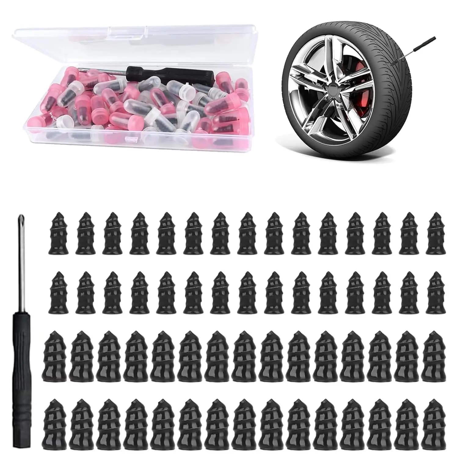 Kit di Riparazione Pneumatici con 60 Chiodi in Gomma, 2 Misure, Chiodi a Spirale per Auto, Moto, Camion e Trattori