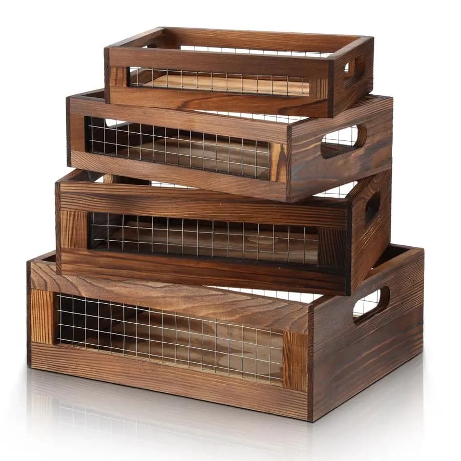 Set of Wooden Baskets, 4 Measures, Wooden Box with Handle and Metal Mesh, Multipurpose Wood Organizer