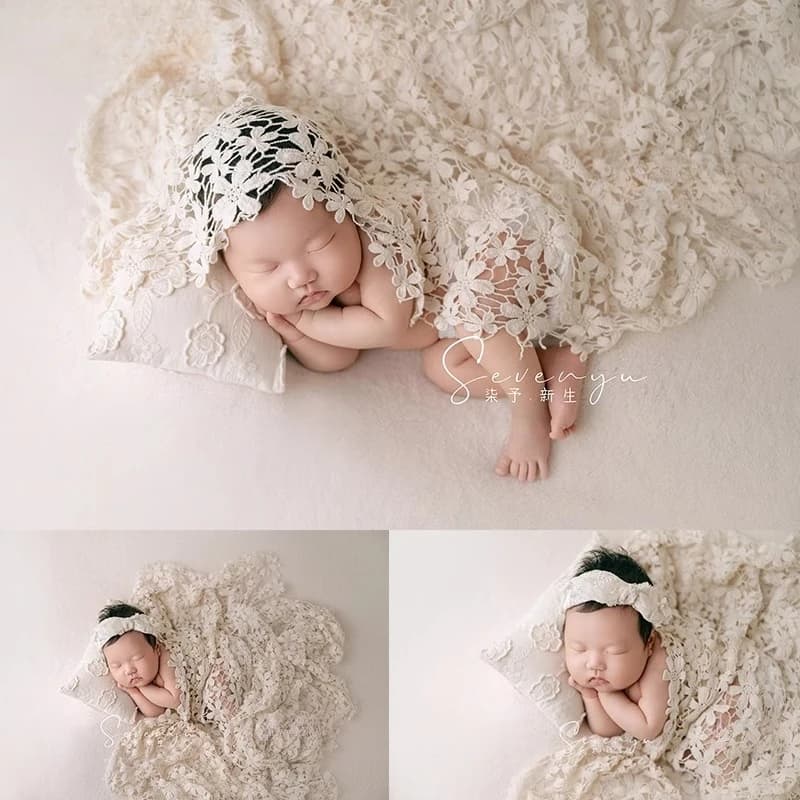 Newborn Photography Props for Baby Girls White Backdrop Floral Headband Hollow Outfit Blanket Pillow Set for Studio Photo Shoot
