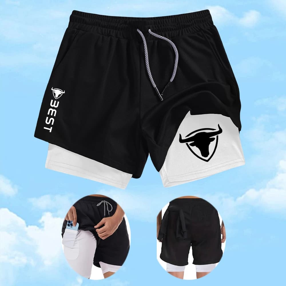 Men's Bull Head Print 2 In 1 Quick Drying Sports Shorts Drawstring Beach Shorts Summer Cycling Shorts With Inner Phone Pocket