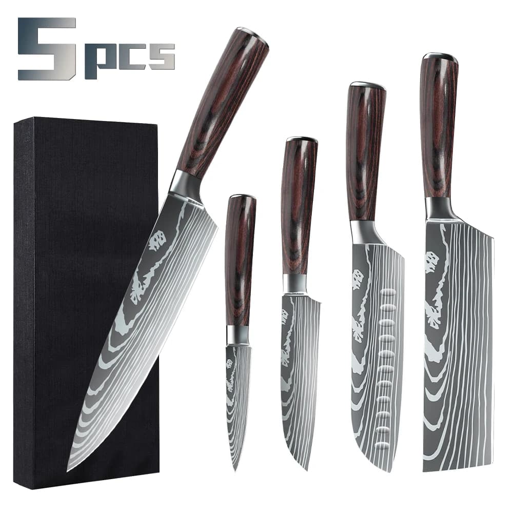MDHAND 5 pieces stainless steel kitchen knives set laser damask model knife from sharp chef Santoku mannaia slice multipurpose knives
