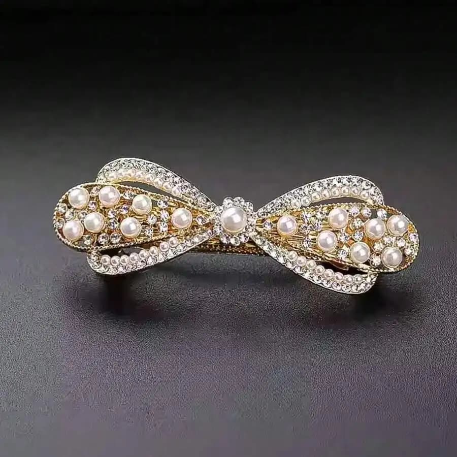 1pc Bowknot Pearl Hair Clip, Medium Size Hair Accessory For Women, Rhinestone Decor,Travel,Birthday, Claw Clips