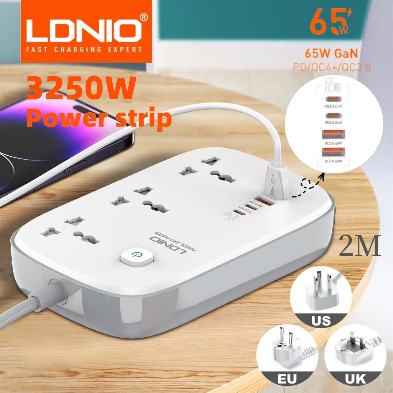 LDNIO Multipresa Universale con 65W GaN USB Charer 3250W Cavo di Prolunga Filtro di Rete Protezione da Sovratensione Presa EU/US/UK