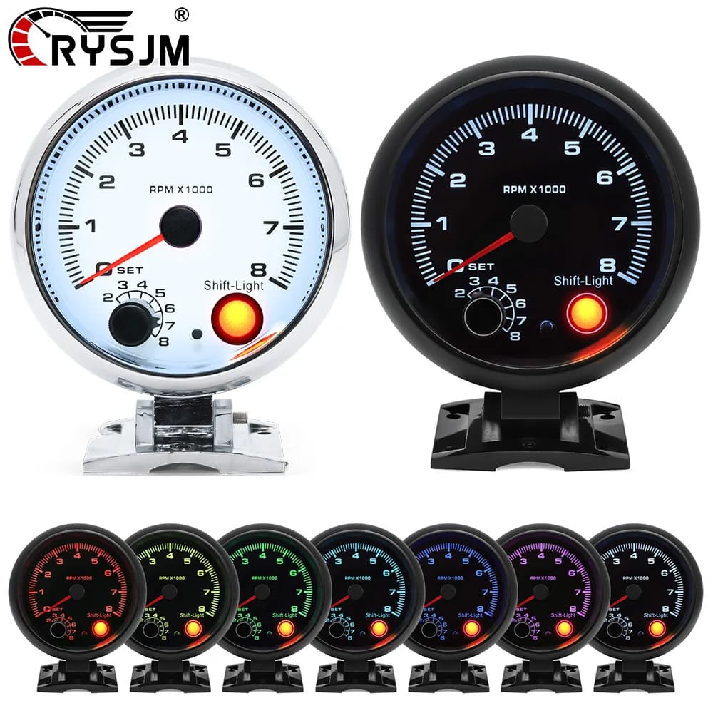 7 Color LED Car 0-8000RPM Tachometer Gauge With Shift Light Rotational Speed Instrumentation For 12V Vehicles 4 6 8 Cylinder