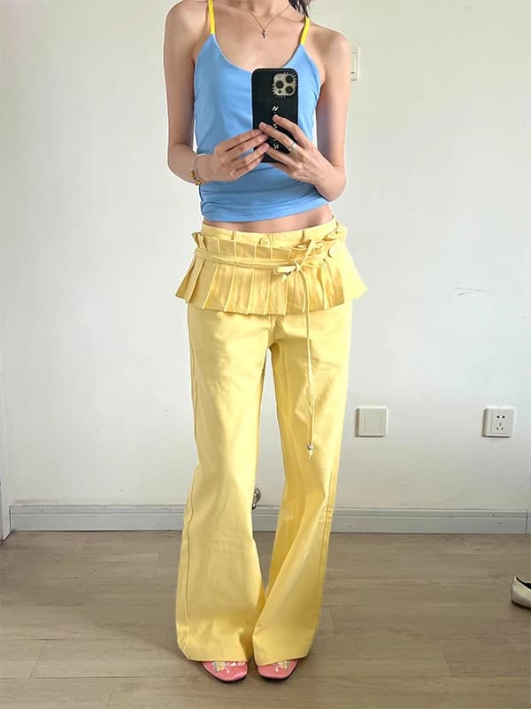 American Retro Yellow Denim Skirt Pants Women's Summer Dopaamine Straight Leg Bell Bottom Long Trousers Casual Low Waist Jeans