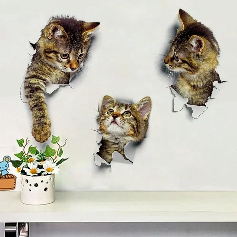 Adesivi Murali 3D con Gatti e Cani, Decorazioni per Bagno e Casa, Decalcomanie in Vinile, Poster Artistici