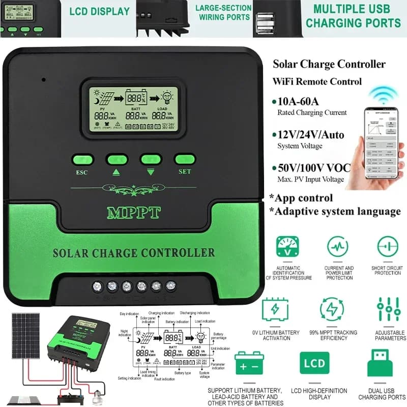 Regolatore di carica solare MPPT 12V/24V 10-60A WiFi Regolatore di pannello solare remoto LCD USB per batteria al litio al piombo acido Lifepo4