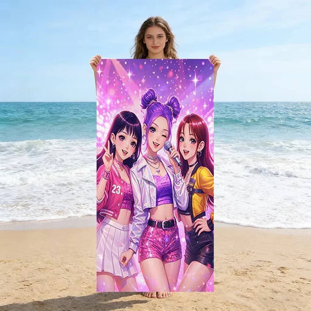 Asciugamano da spiaggia rosa con stampa di ragazza anime, in microfibra ad asciugatura rapida, traspirante, di grandi dimensioni, ideale per il bagno e il bordo piscina, con stampa di idol K-pop