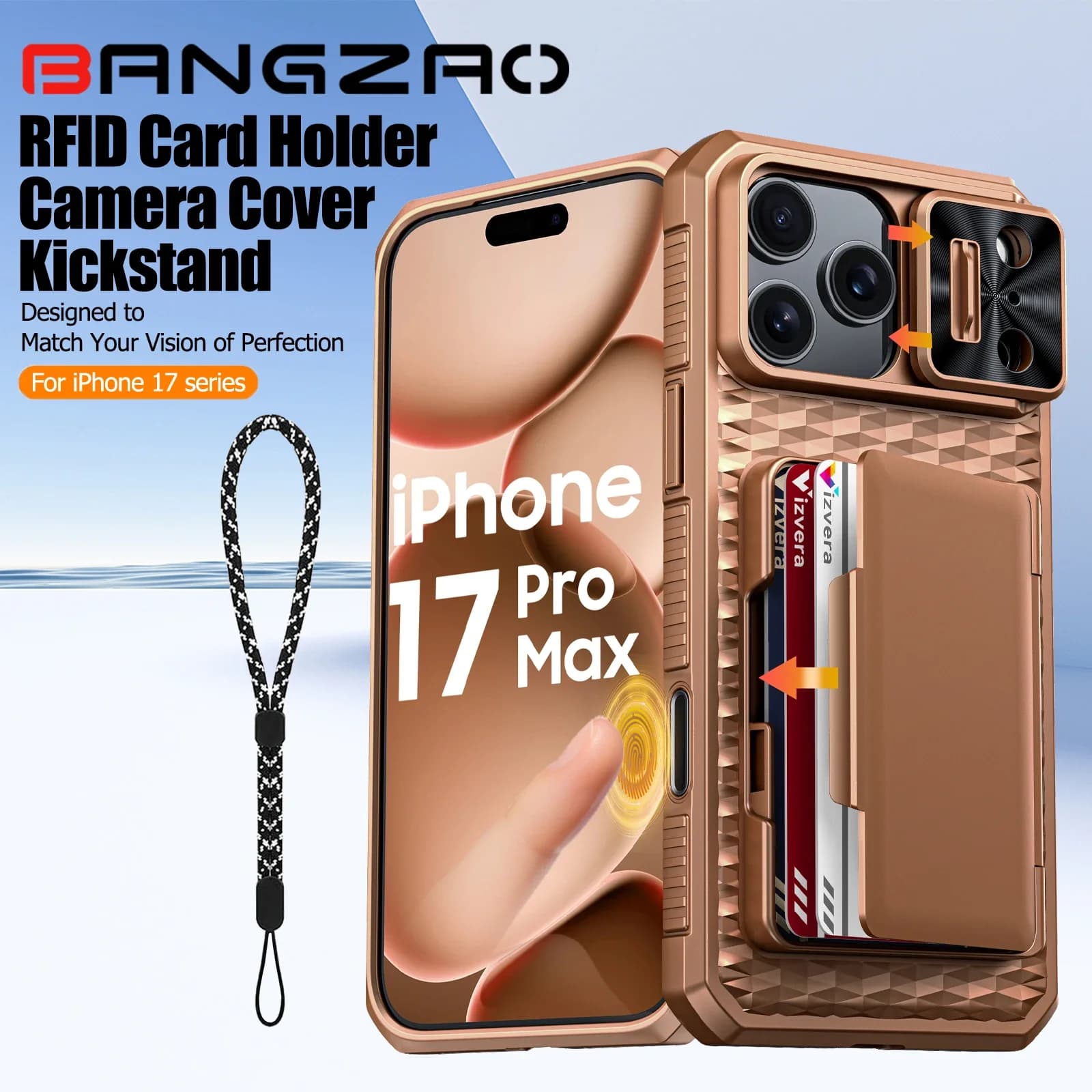 With card holder Sliding camera case and support for iPhone 17 Pro/17 Pro Max Phone case, Antiqued wallet case for PC + TPU-Oro