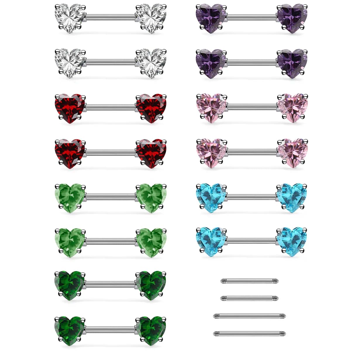 6 pezzi colorati a forma di cuore con zirconi decorativi per piercing al capezzolo, gioielli, asta da indossare in acciaio inossidabile per donna