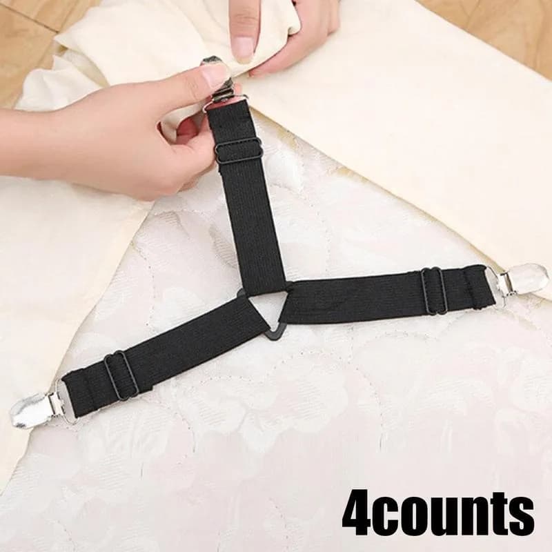 FeelAtHome Bed Sheet Straps – 4 Pack Adjustable Sheet Holder Clips to Keep Fitted Sheets in Place – Bed Sheet Fasteners for Corners – Fits Twin, Queen, and King Beds – Black