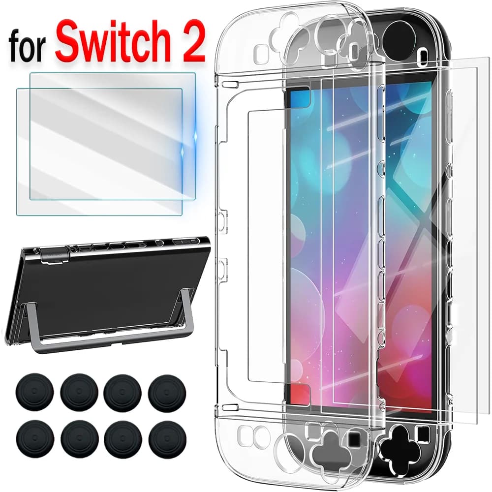 8 in 1 per Nintendo Switch 2 Set protettivo Proteggi schermo in vetro temperato Pellicola HD Custodia impermeabile per console di gioco Cappucci per joystick
