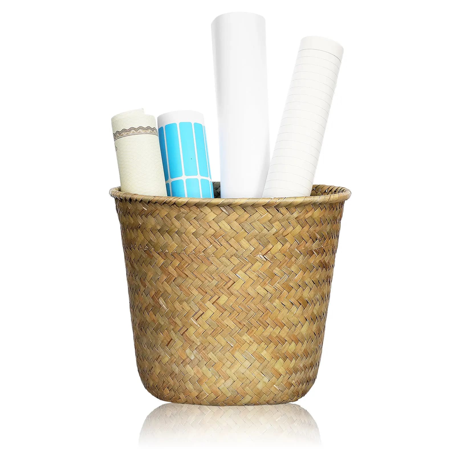 Cesto portaoggetti in erba marina intrecciata, organizer da scrivania multifunzionale, design compatto, superficie liscia per accessori, piante, rifiuti