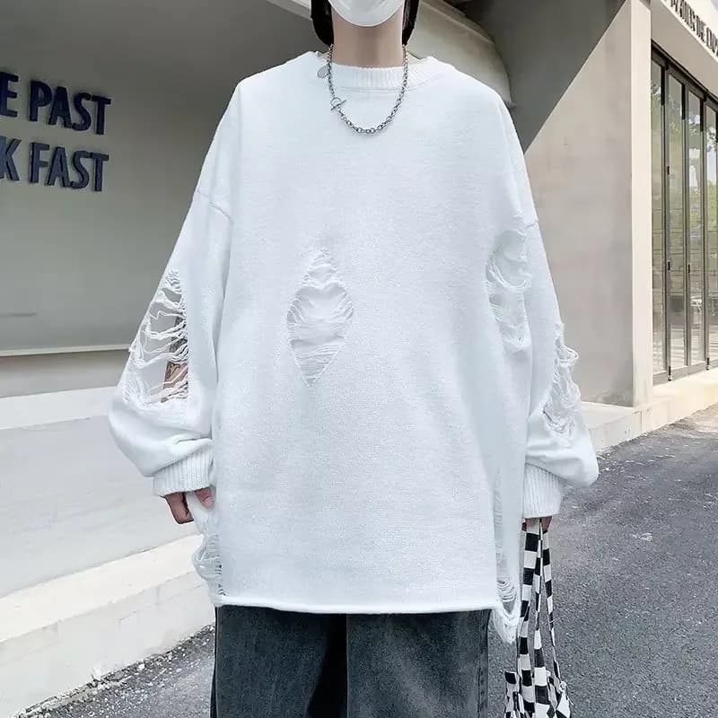 Maglione strappato minimalista neutro Moda streetwear Pullover lavorato a maglia a maniche lunghe con scollo allentato Top Hip Hop