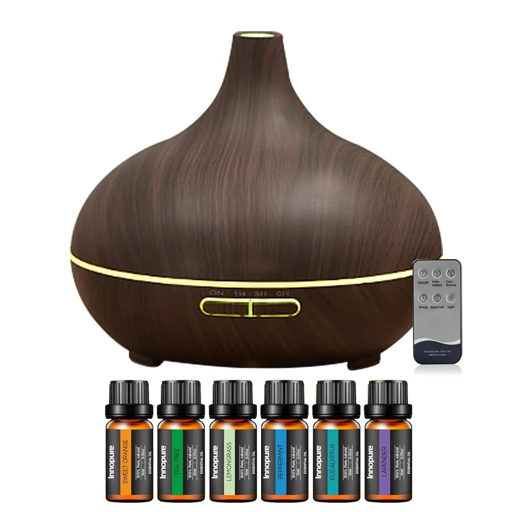 Set di diffusori per aromaterapia con 6 oli essenziali Umidificatore a nebbia fredda ad ultrasuoni con venature del legno scuro da 550 ml 4 timer Spegnimento automatico senza acqua
