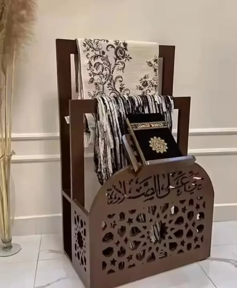 laBest-sellero Prayer Mat Organizer with Koran Decorative Shelf, Islamic Support in Prayer Wood