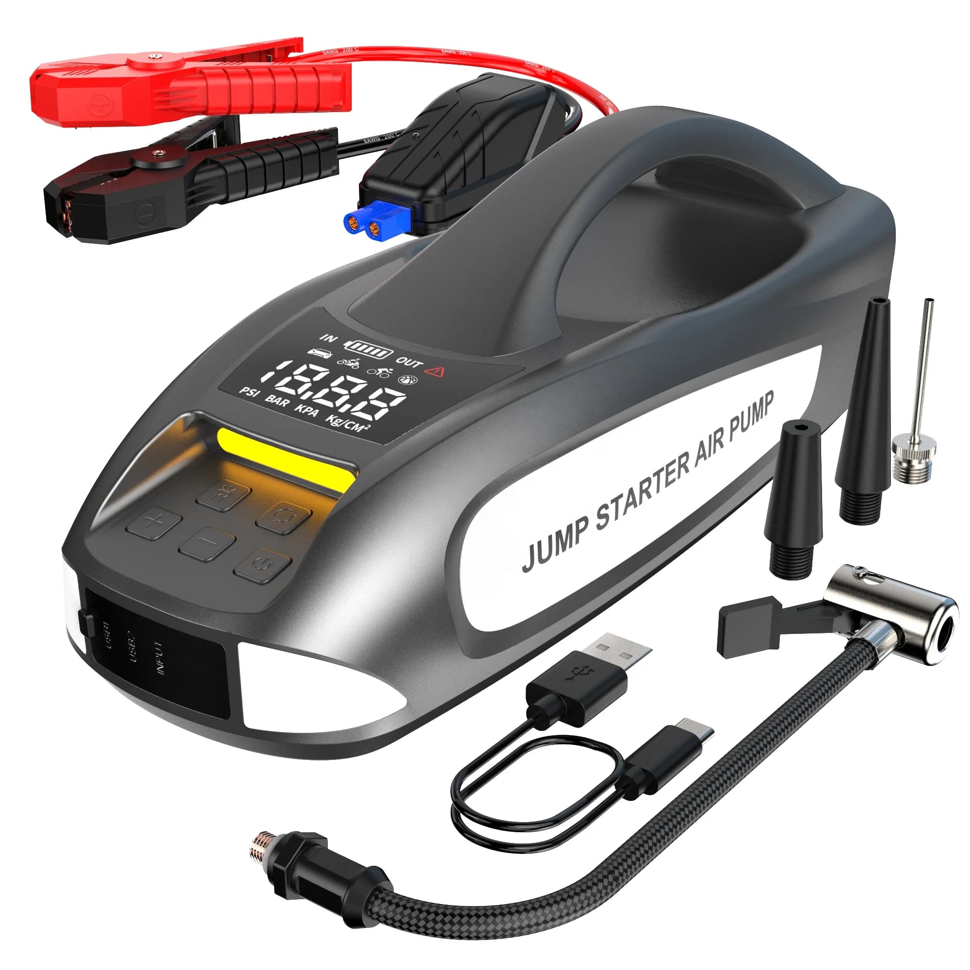 Batteria di avviamento 2000A Avviatore di emergenza per auto con compressore d'aria Pompa d'aria Avviamento di emergenza per auto con gonfiatore per pneumatici