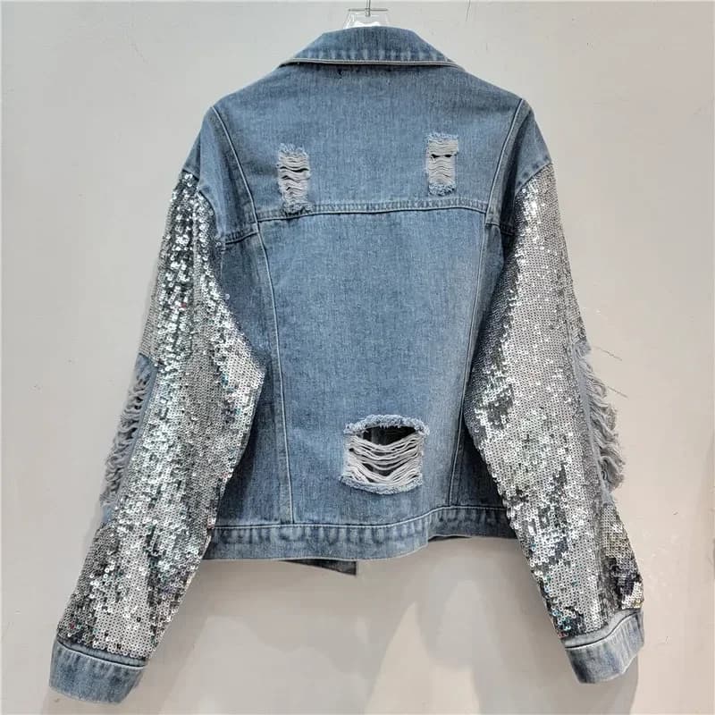 Giacca di jeans con foro patchwork a maniche lunghe con paillettes di nuova moda primavera donna giacca di jeans femminile allentata casual blu nera streetwear