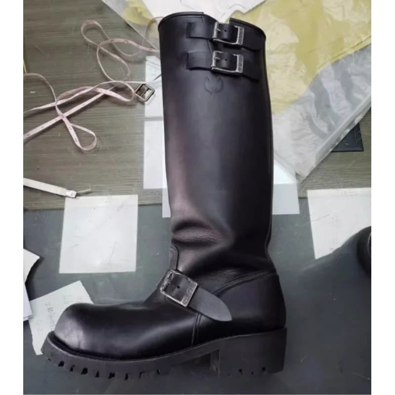 Men's Black Motorcycle Boots in Leather with Decorative Buckle, Knight Boots with Heel Thickness, Work Boots Long Super Cool
