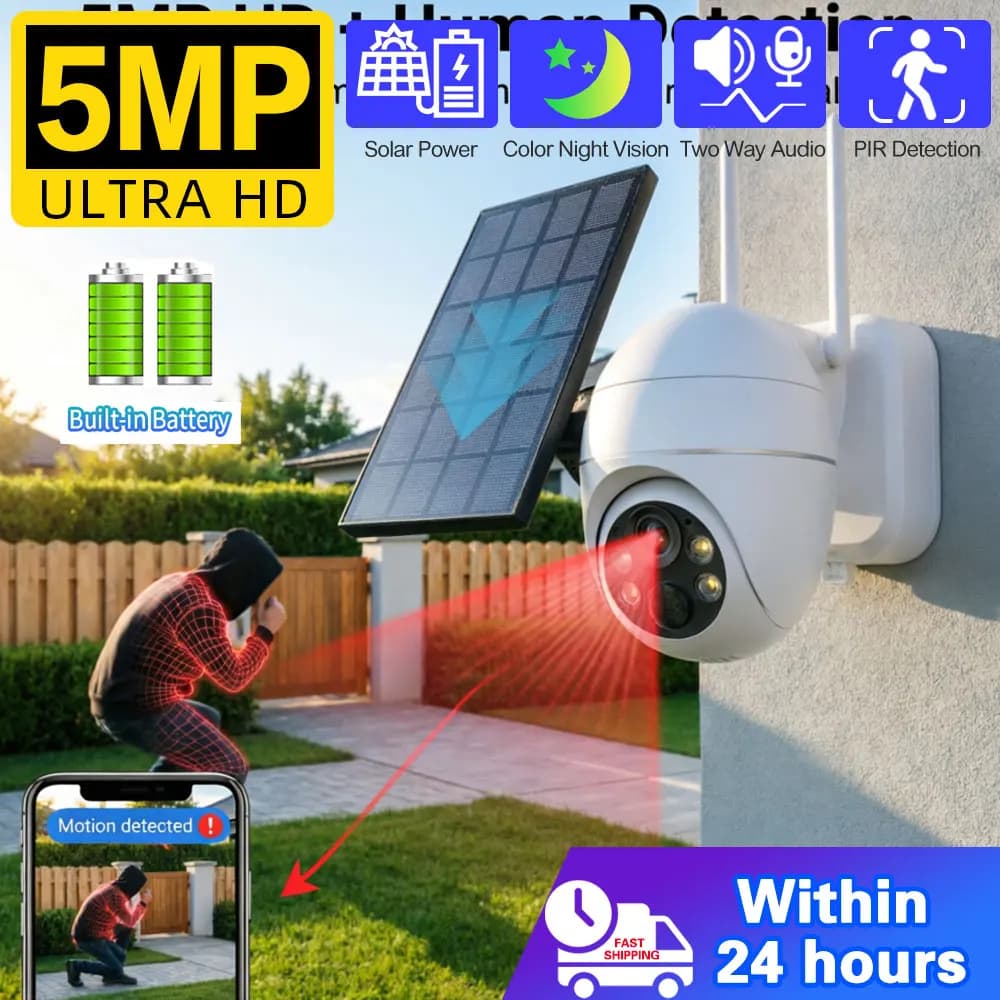 5MP Outdoor 4G SIM Card Solar-Powered PTZ Battery Camera 360° View PIR Human Detection Sensor Color Night Vision Two-Way Audio