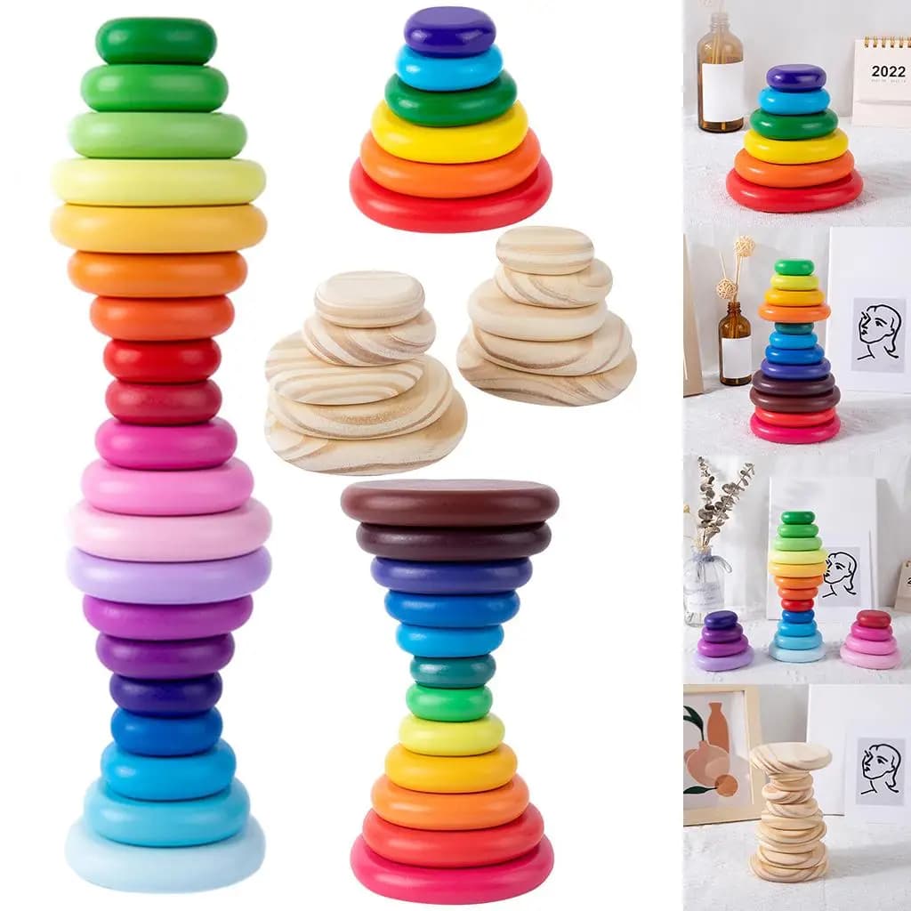 Blocchi impilabili in legno Costruzione di coordinazione arcobaleno Gioco impilatore classico Abilità motoria