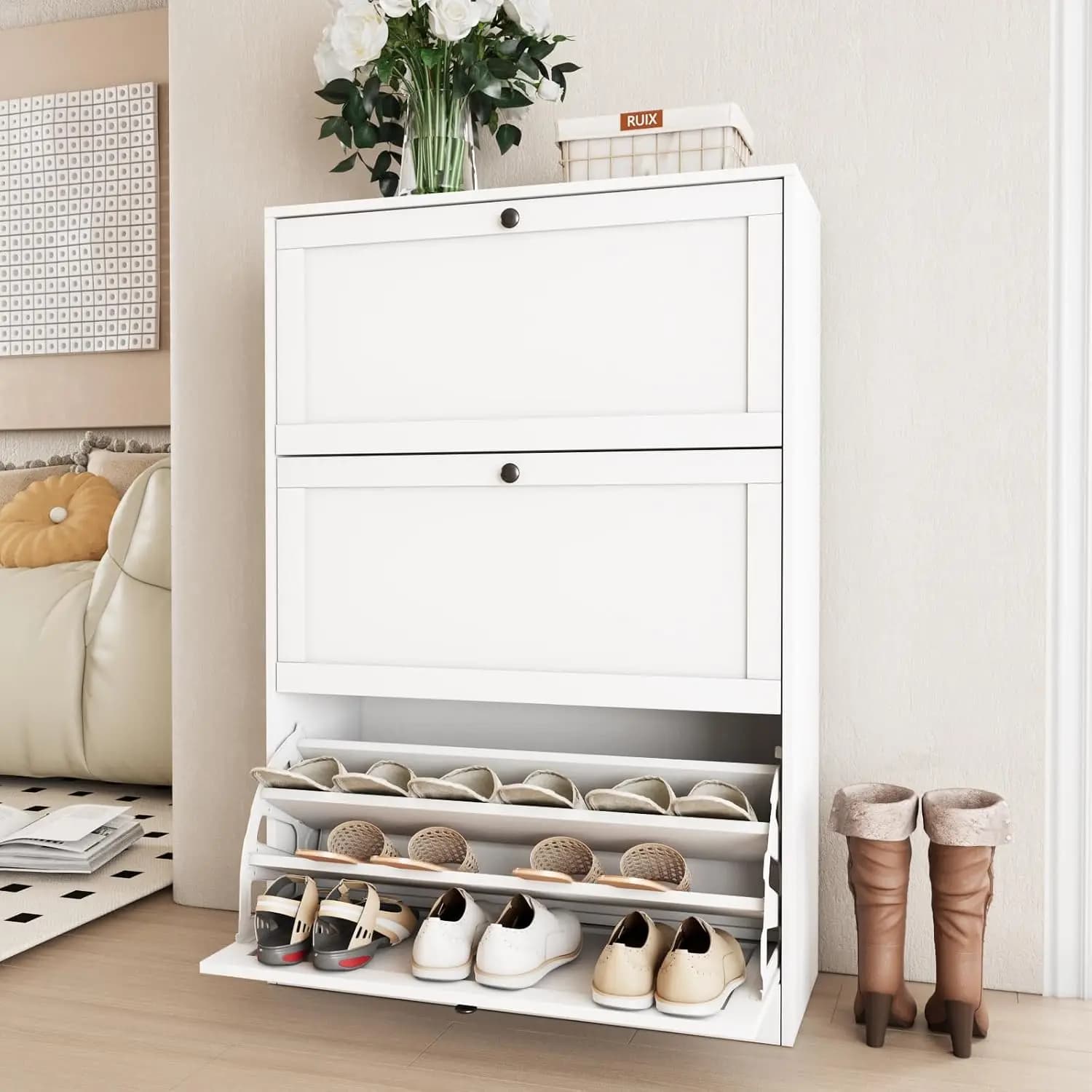 Shoe Cabinet 3 Flip Drawers & Adjustable Shelves Storage Organizer Entryway Hallway White, Customized