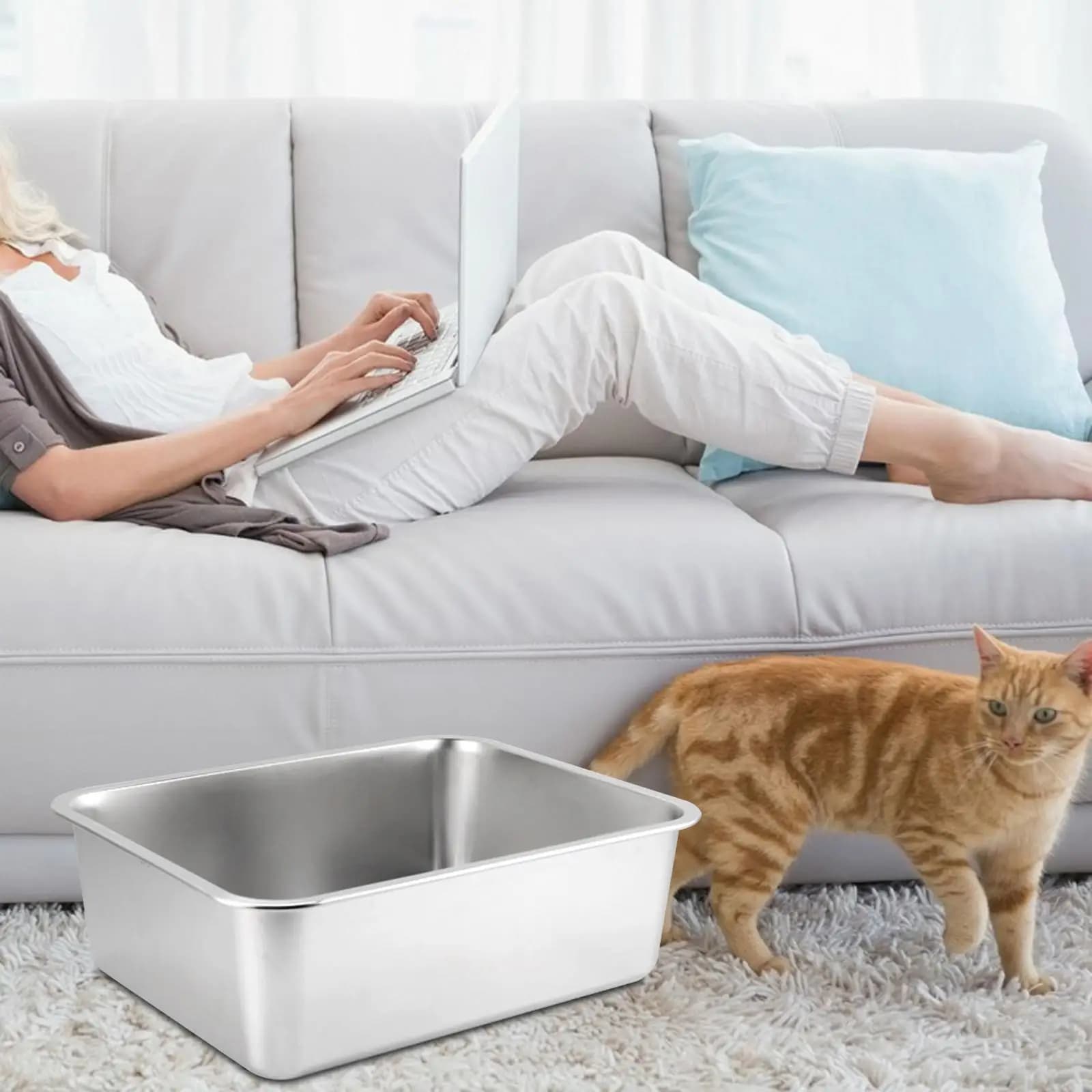 Lettiera per Gatti in Acciaio Inox, Cassetta Igienica Anti-Schizzi con Bordi Alti, Portatile e Robusta, Accessori per Animali Domestici