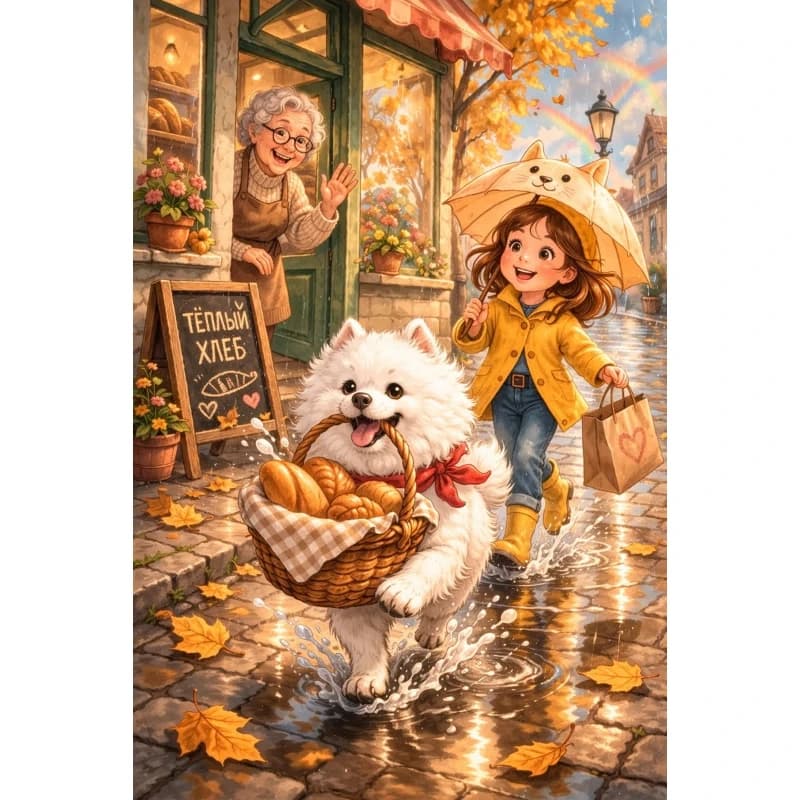 DIY Samoyed Little Maiden Bakery Autumn Rain Street Landscape Diamond Painting Mosaic Handmade Art Exquisite Home Decoration